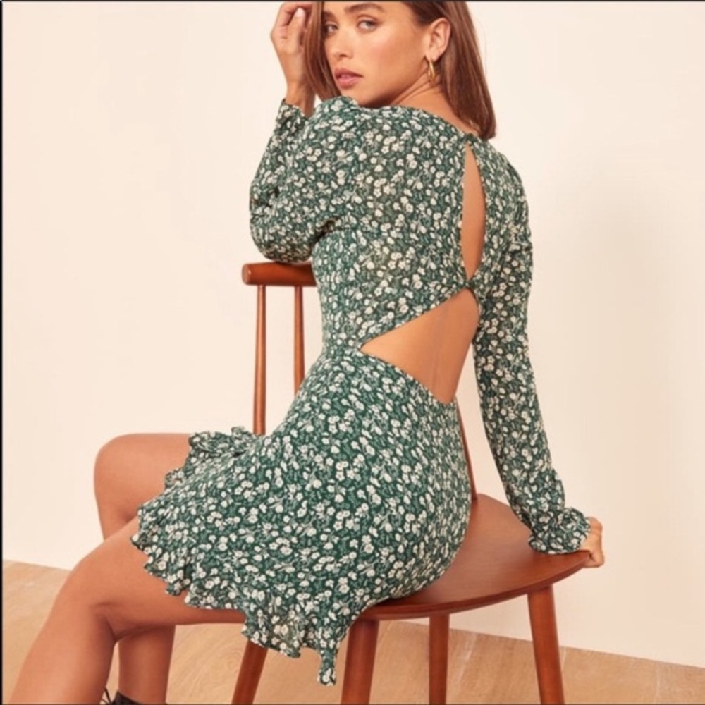 REFORMATION Elenor Open Back Green Mini Dress SZ US 12 NWT